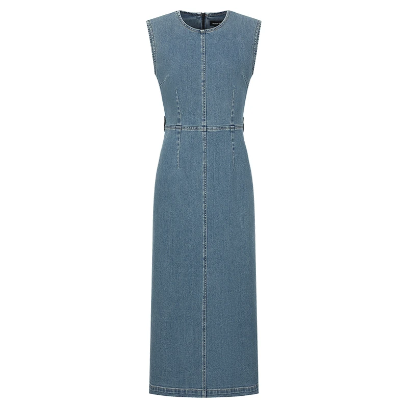 UR2024秋季新款女装复古附赠腰带后开衩无袖牛仔连衣裙UWG840255