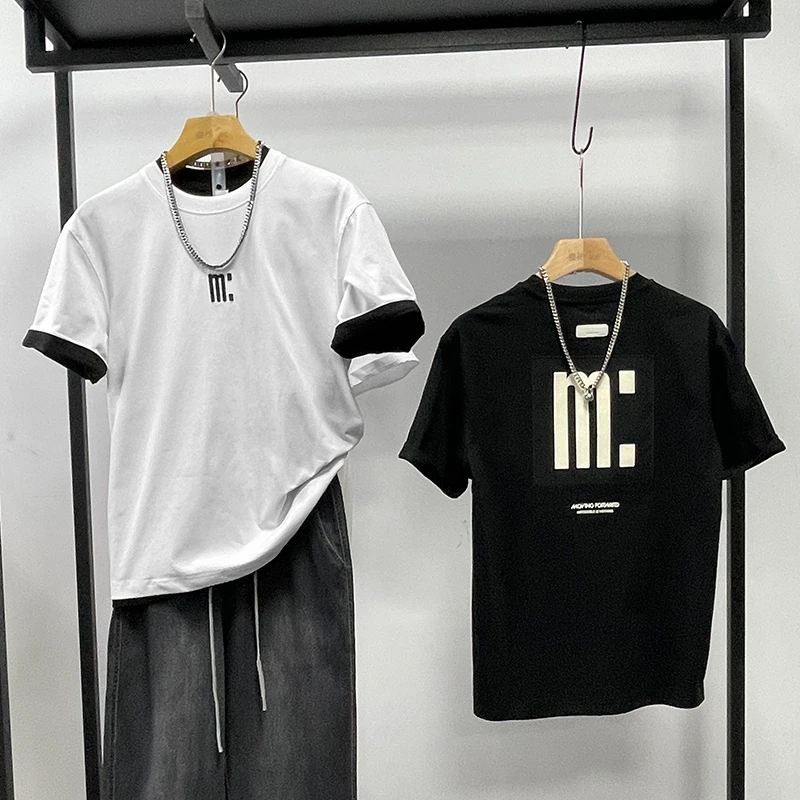上衣半袖青年男装圆领T恤短袖拼接夏季美式休闲风