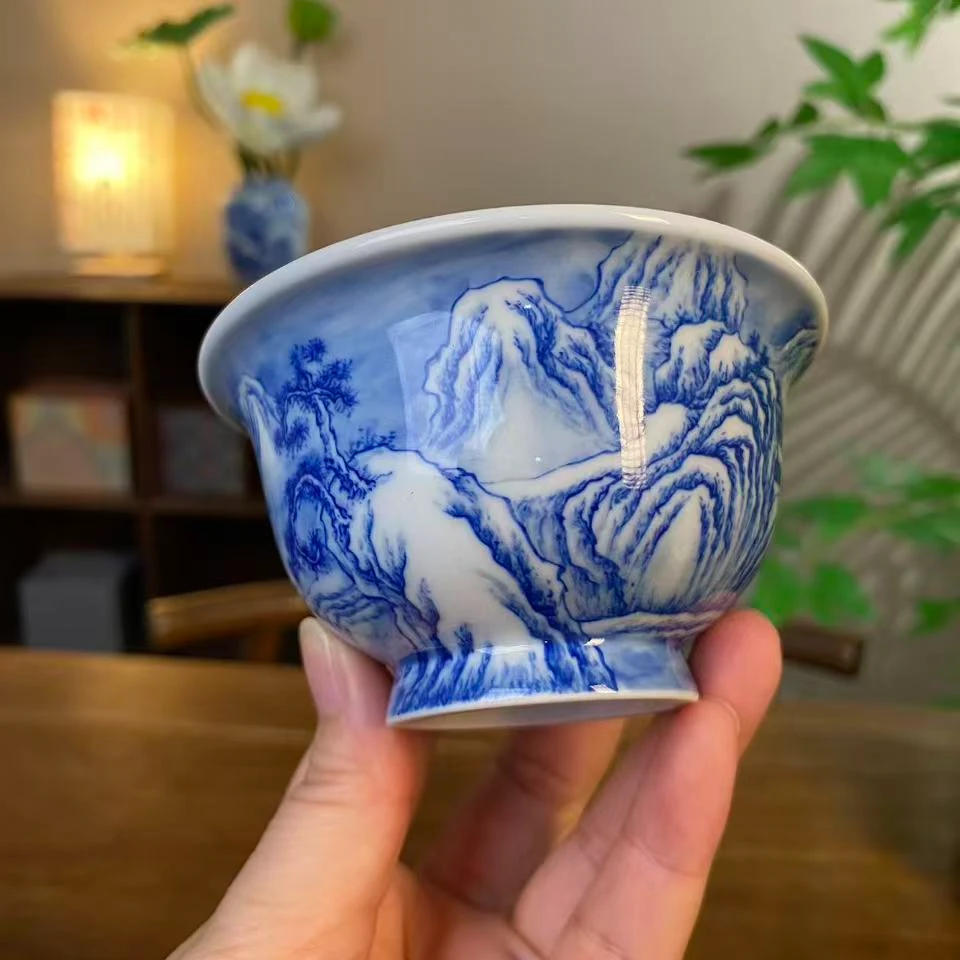 【九茗珍藏】林意雪景山水压手杯 景德镇纯手工手绘茶器茶具