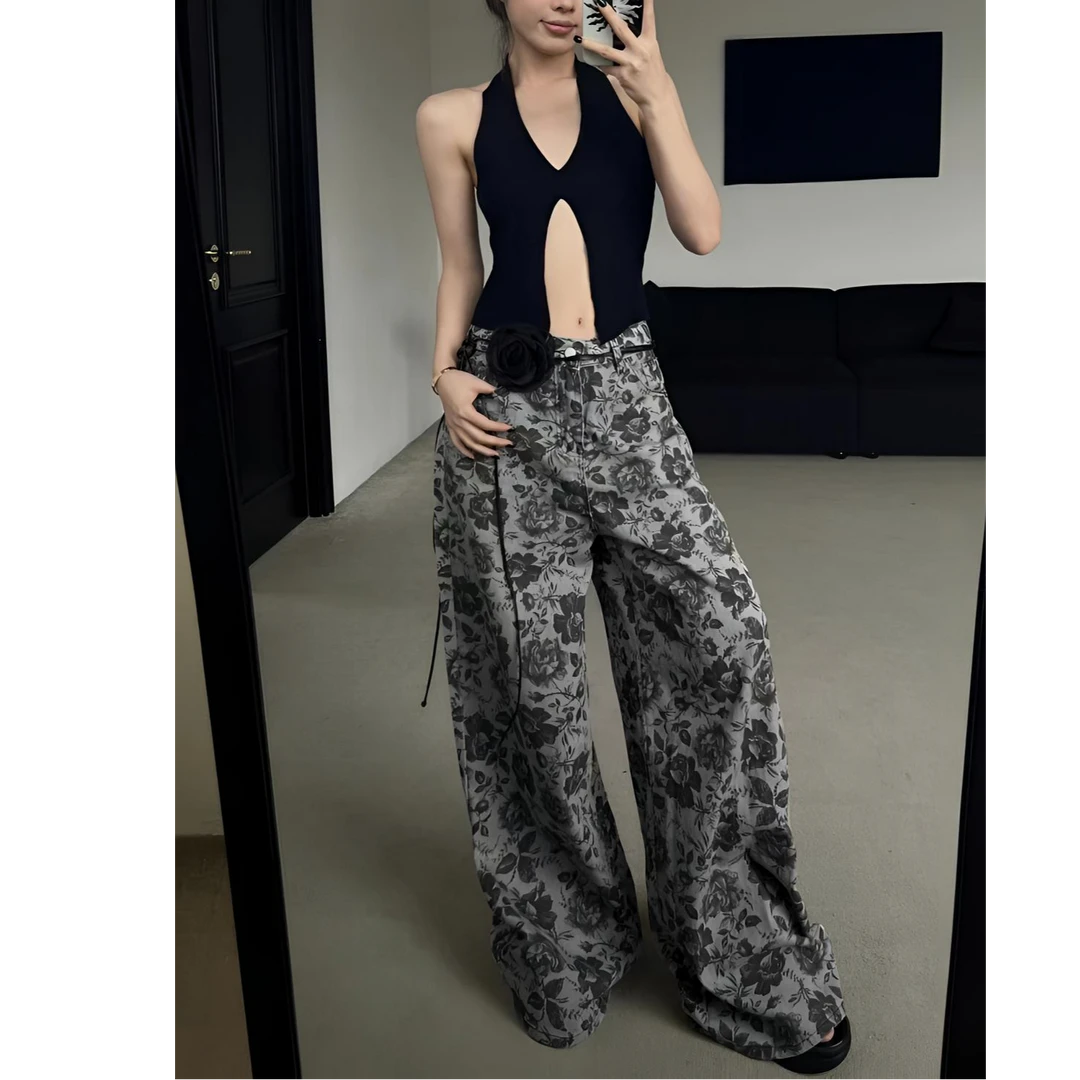 复古阔腿玫瑰花朵设计感牛仔裤女秋季新款街头风宽松休闲拖地长裤