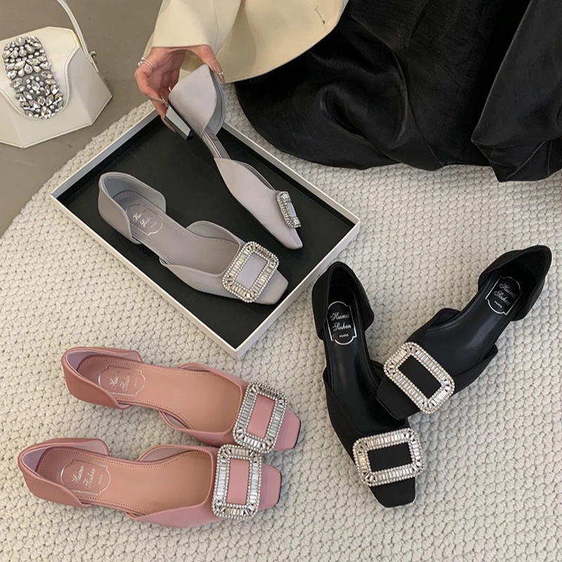 2025春季新款金属扣浅口单鞋低跟方头绸缎中空凉鞋低跟水钻女单鞋