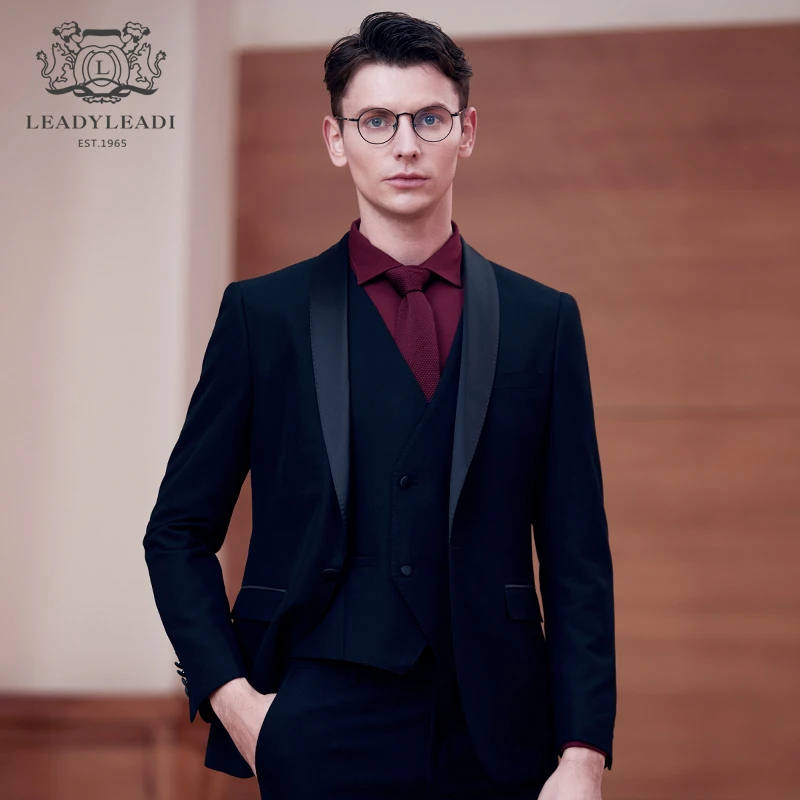 西服套装男商务修身新郎结婚礼服缎面青果领黑色时尚西装宴会演出