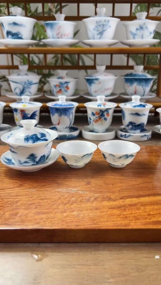 微瑕寒江独钓80ml三才盖碗+小玉兰杯2个