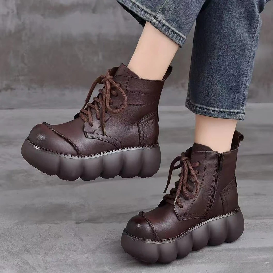 2222百秋冬牛皮高端加绒保暖马丁靴松糕厚底羊毛复古休闲单款短靴