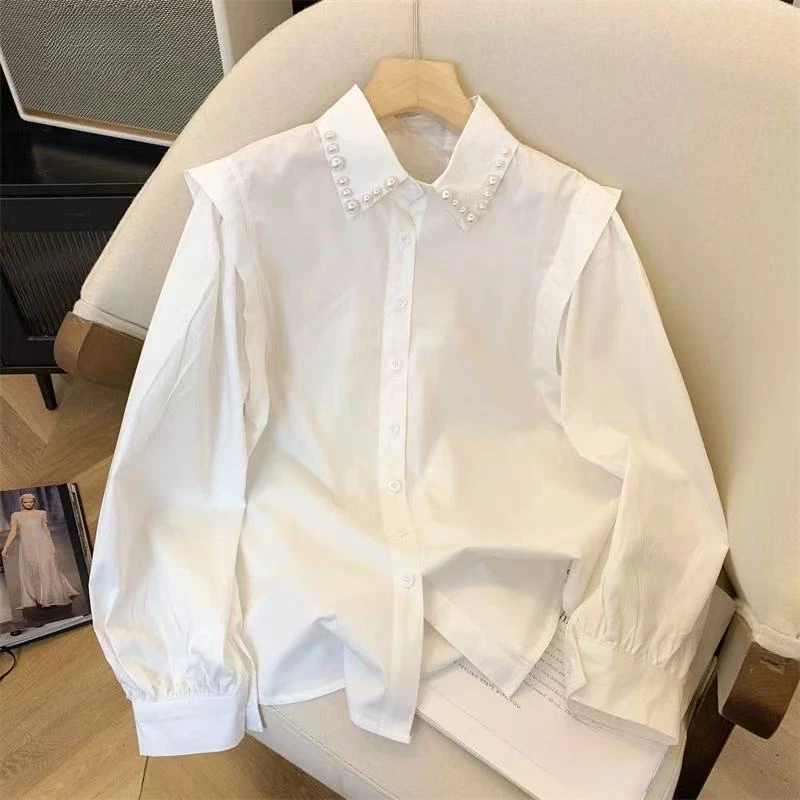 POLO翻领长袖衬衫女2025春季新款百搭设计感小众上衣气质衬衣3659