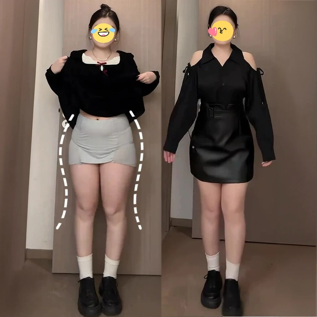 大码时髦洋气领露衬衫套装女秋季胖MM梨型身材收腰显瘦皮裙两件套