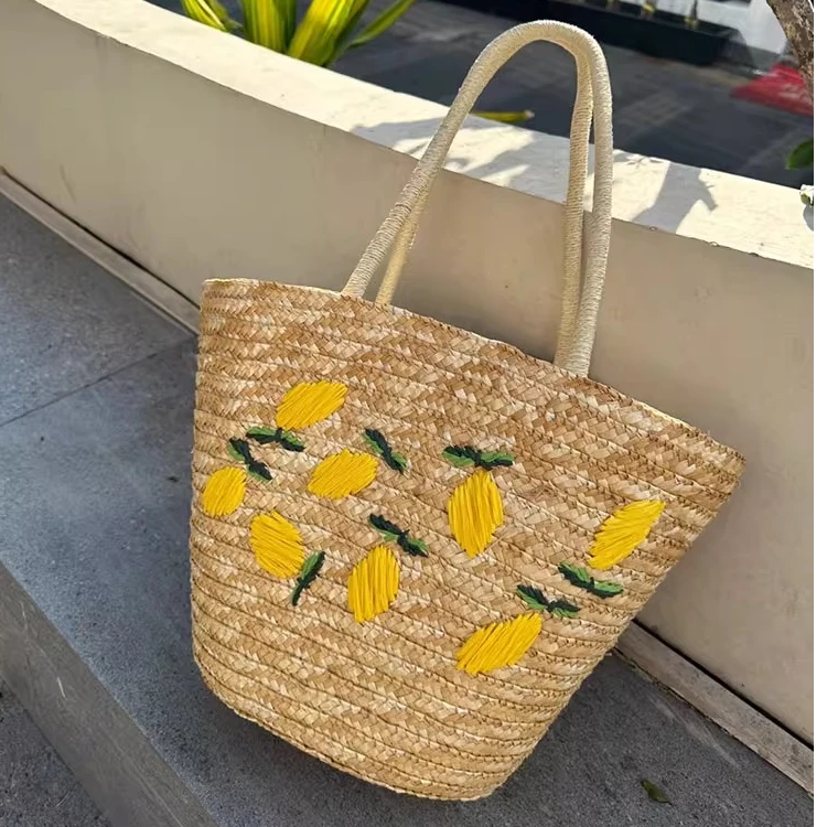 大容量手提编织包2025新款海边度假风单肩包手工柠檬刺绣草编包