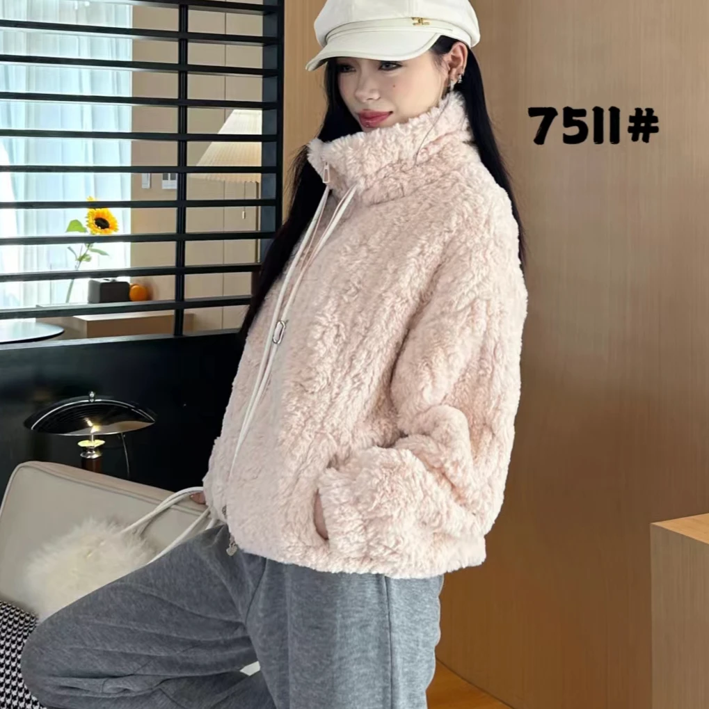 7511#冬季立领毛毛加绒加厚保暖棉服外套