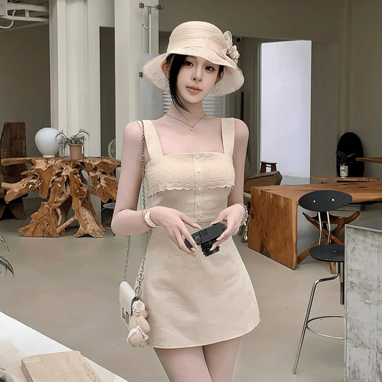 千金风甜美短裙夏季收腰显瘦设计感蕾丝拼接法式气质贵气感连衣裙