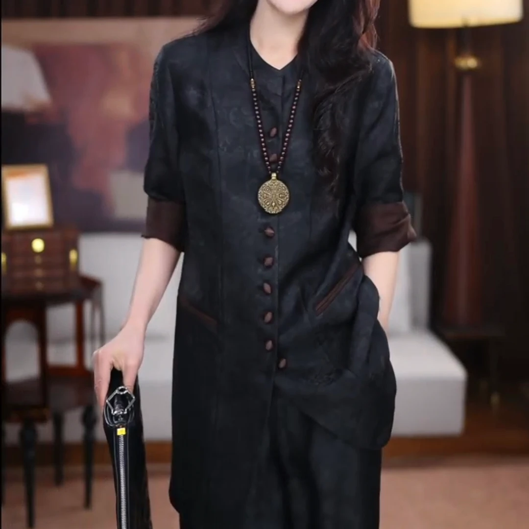 B【清玥】新中式复古显瘦春夏季宽松国风高级时尚黑色薄款上衣