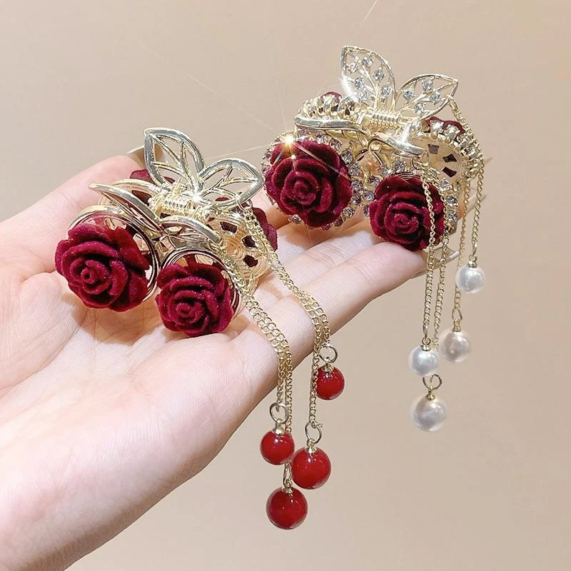 抢！！【蛇年礼物】发饰红色玫瑰花樱桃流苏小抓夹简约复古扎头发装饰