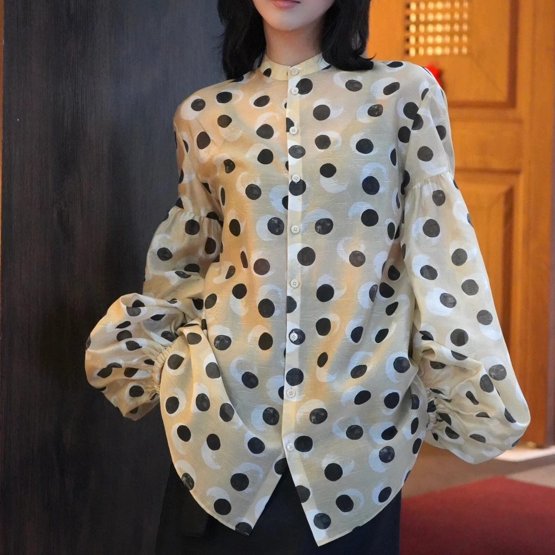 【商场同款】波点长袖衬衫早春新款时尚百搭港风小立领上衣1300729