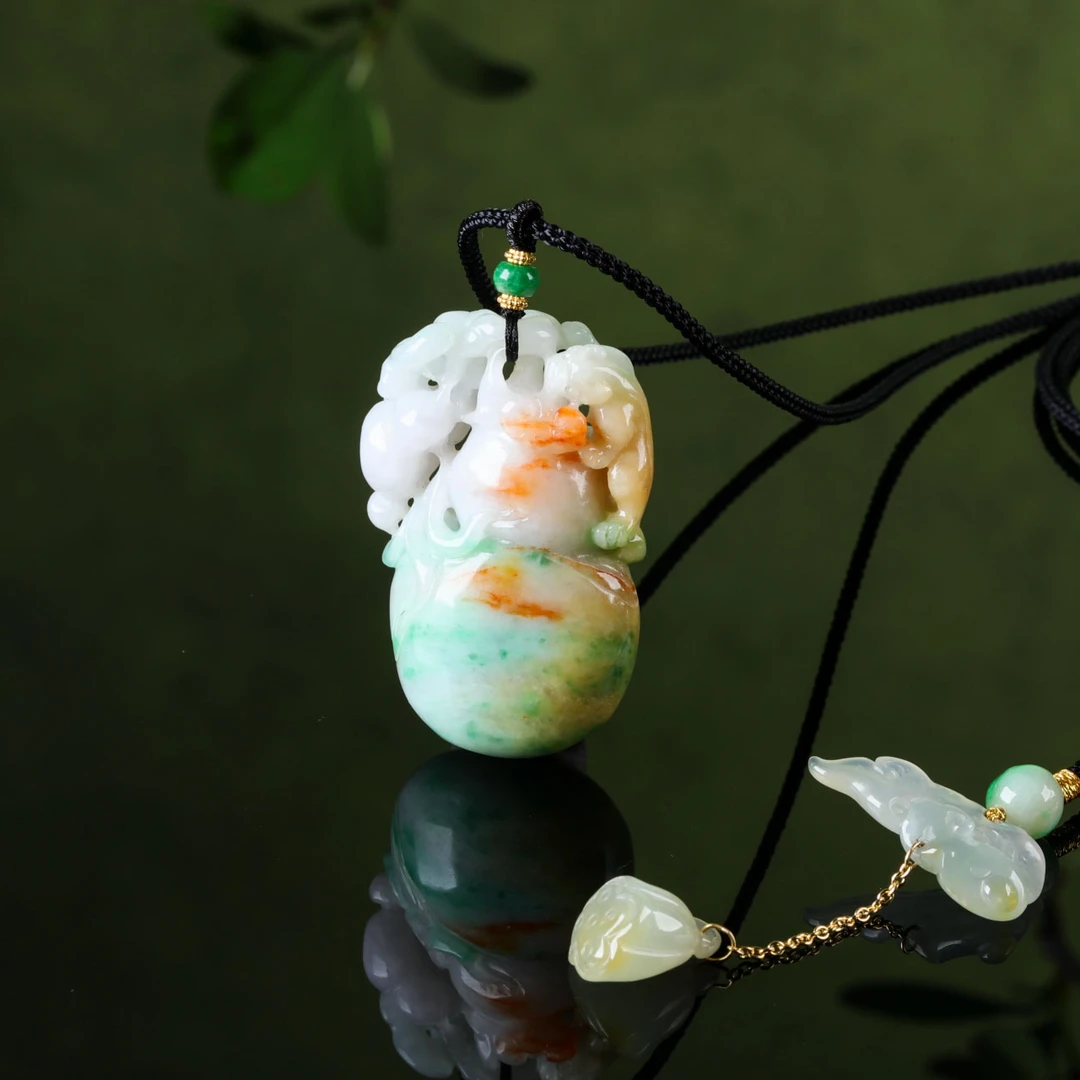 【意婵】《柔金碎绿》18K金天然稀缺缅A老翡翠精雕葫芦项链-916060