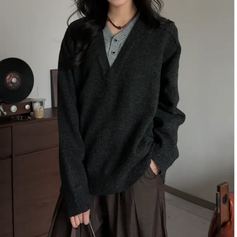 老钱风假两件V领毛衣男秋冬季新贵高级感针织衫重磅加厚保暖上衣