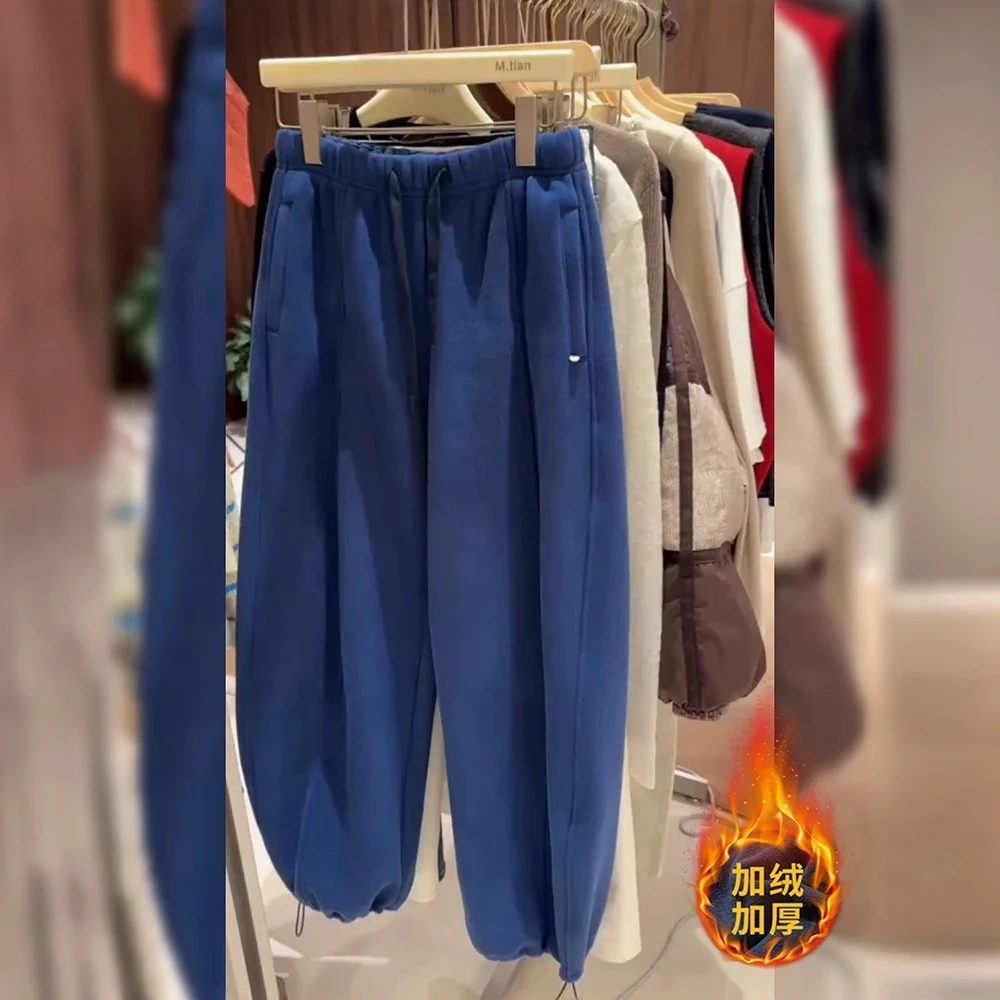 蓝色加绒束脚加厚阔腿卫裤女冬季新款梨型身材高腰宽松显瘦休闲裤