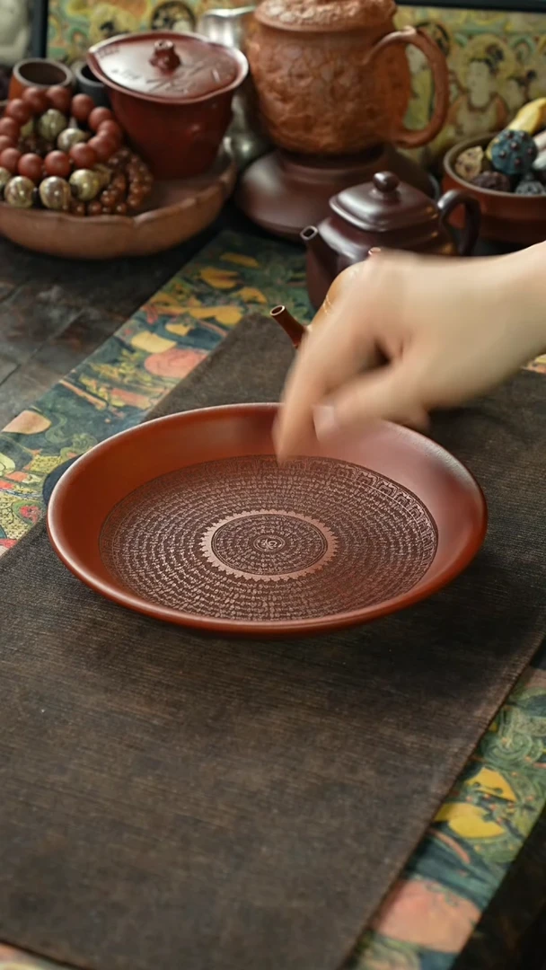 朱泥刻绘藏文心经紫砂茶盘壶承20CM