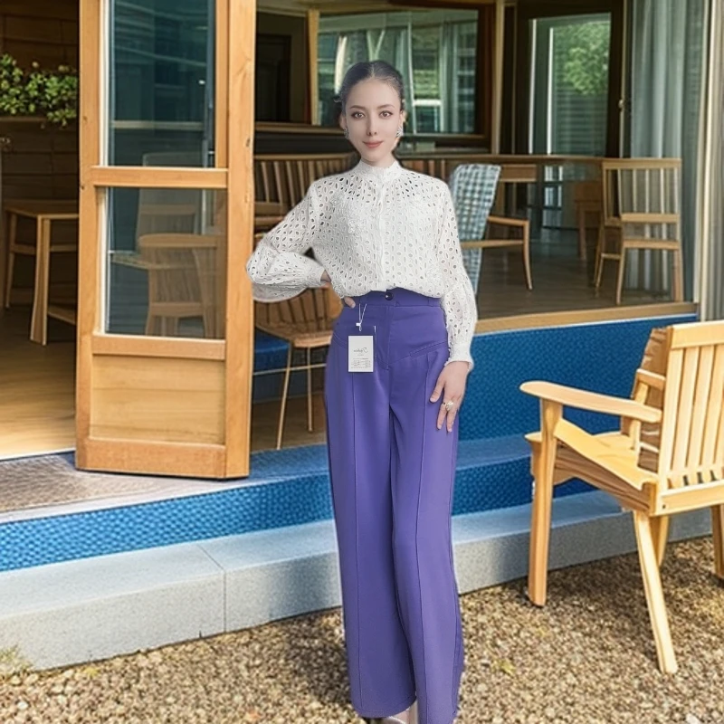 【4023福姐专属】静奢风阔腿裤西裤时尚套装蕾丝直筒休闲裤千金风