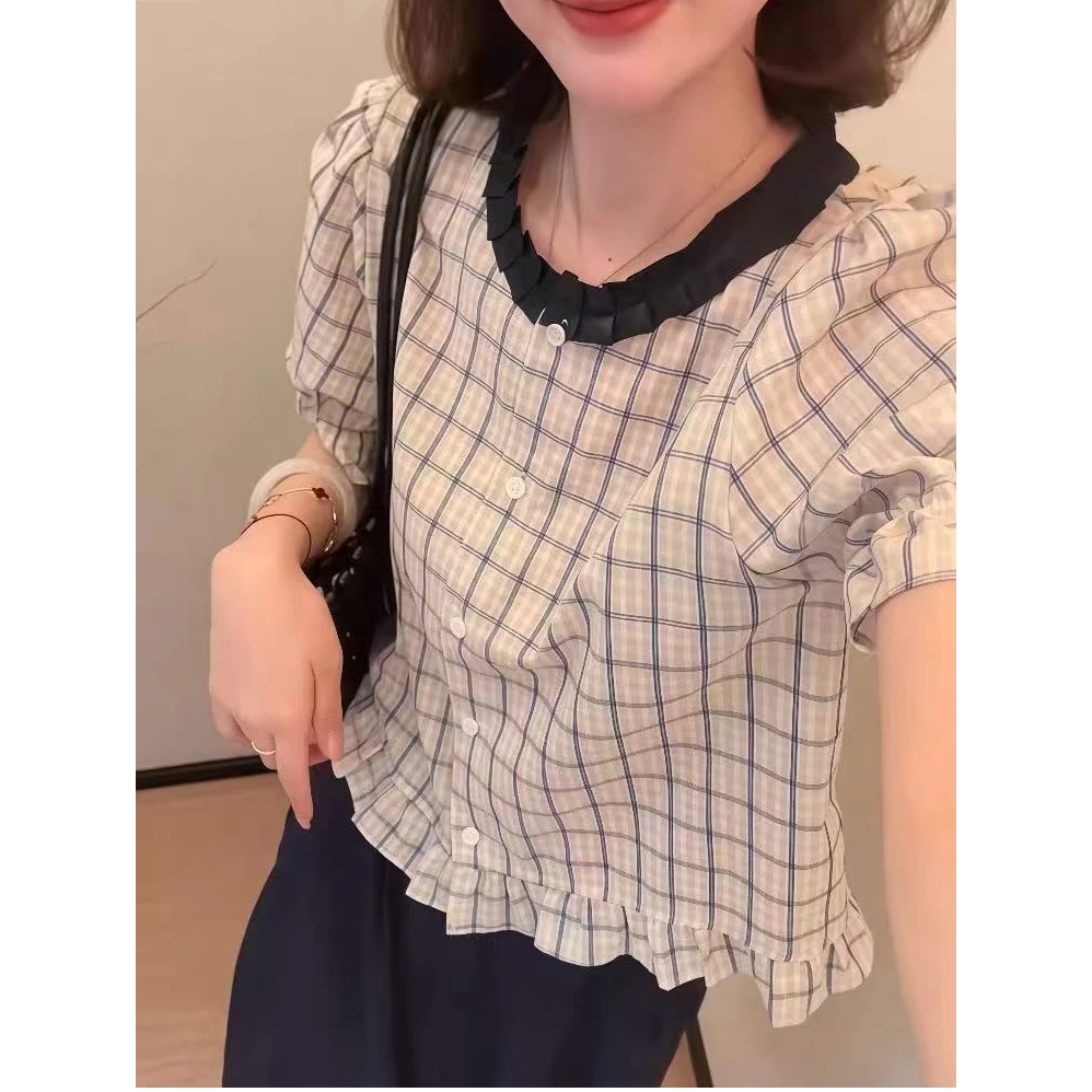 【全额运费补贴】法式木耳边格子短袖衬衫女夏季小衫气质上衣7705