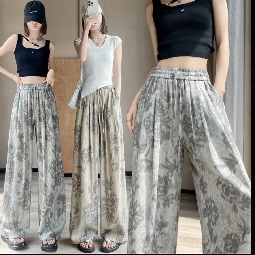 H-夏季冰丝新款老钱风凉爽混纺绸缎新中式花朵印花阔腿裤拖地裤