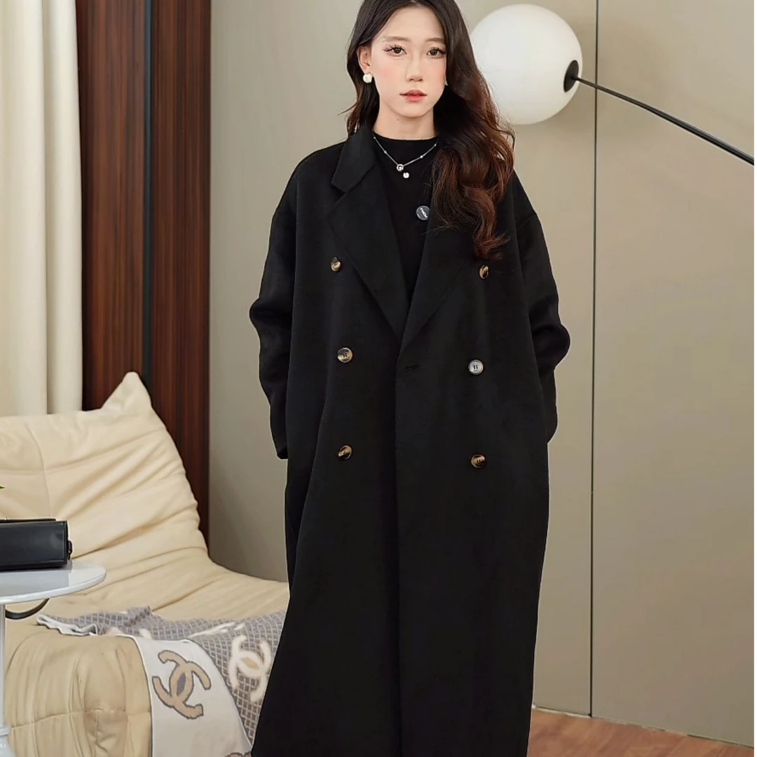 【DY001】HUIHUI. 韩国双面羊毛大衣西装领双排扣长款女外套厚