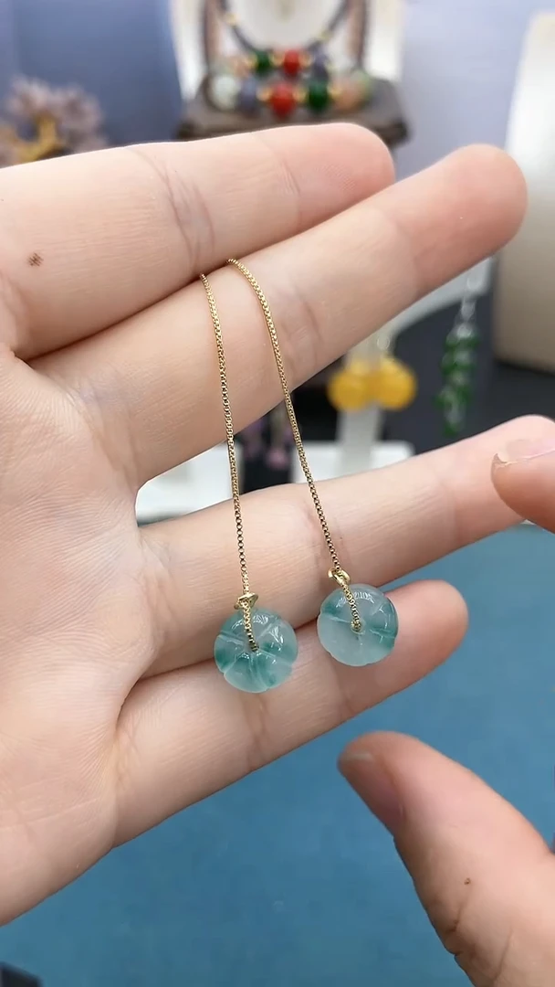 软玉14K金镶嵌耳饰飘花小南瓜耳线