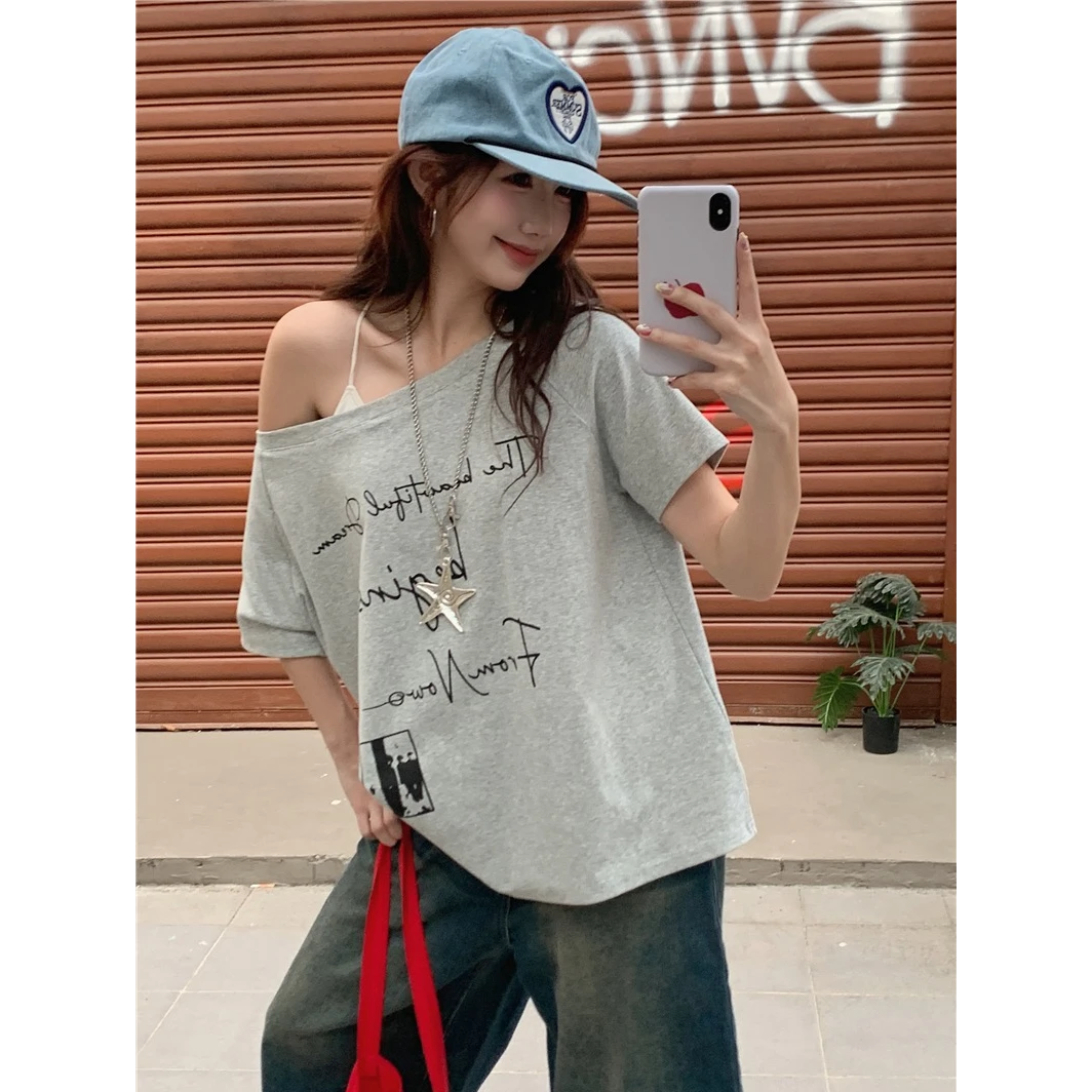 复古印花字母斜肩短袖T恤夏季新款简约休闲宽松露肩上衣3542