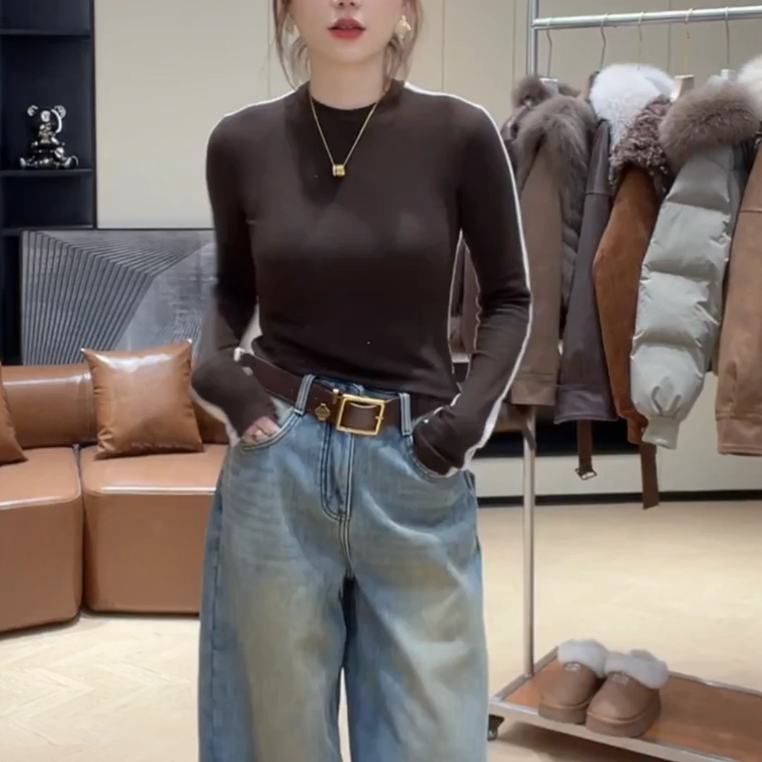 2025新款冬季磨毛圆领拼色长袖显瘦打底时尚百搭长袖T恤LK2508463