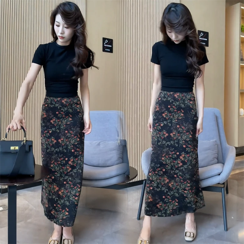 超好看复古时髦高腰碎花半身裙女2025春季新款气质印花包臀开叉裙