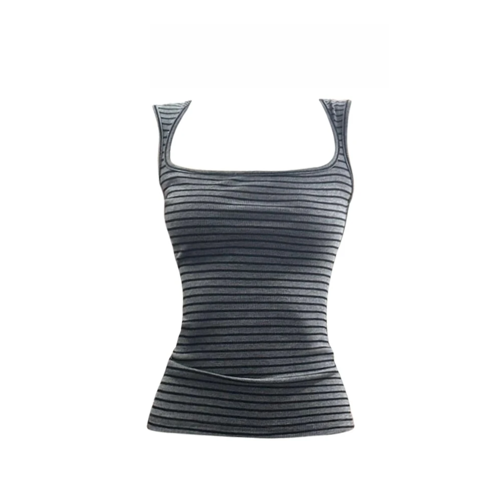 美式复古辣妹条纹宽肩带背心女春夏小众紧身显瘦百搭方