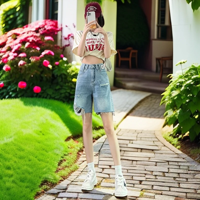 五分短裤新款女显瘦高腰薄款宽松中裤时髦破洞牛仔裤小个子8218
