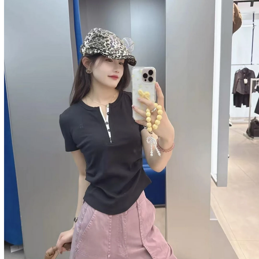 【商场同款】2025夏季新款时尚百搭收腰显瘦撞色V领基础简约T恤上衣