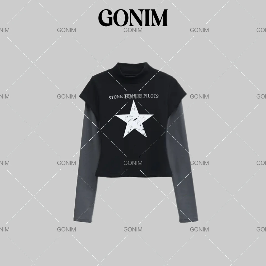 Gonim· “斑驳五角星“2024秋冬新款弹力印花小高领假两件长袖T恤女