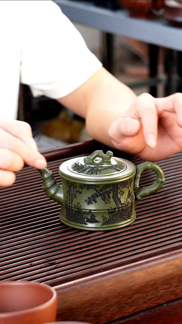 茶壶紫砂景舟绿泥满刻竹节230cc左右