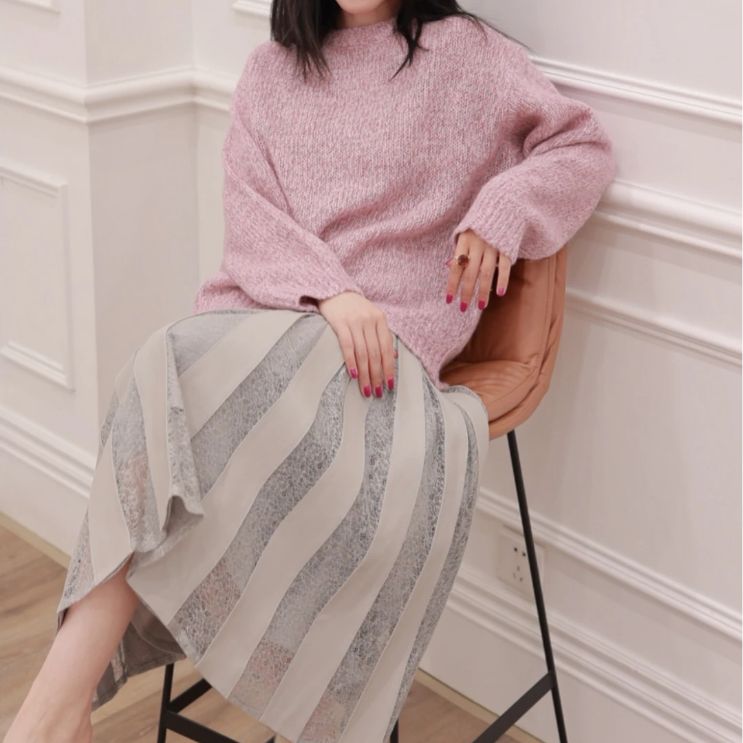 【壁虎姐】F2024新款 香芋色冬季圆领长袖宽松保暖针织毛衣