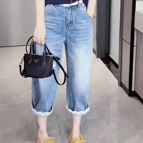 蕾丝花边八分阔腿牛仔裤女2025年春夏季新款小个子直筒裤