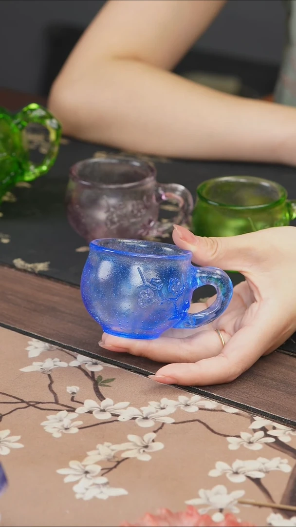 手工艺品琉璃蓝色梅花侧把主人杯