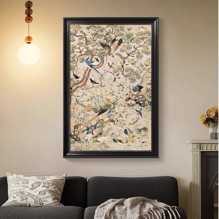 花鸟祥和图中古风客厅装饰画小众艺术高级感沙发餐厅法式复古挂画