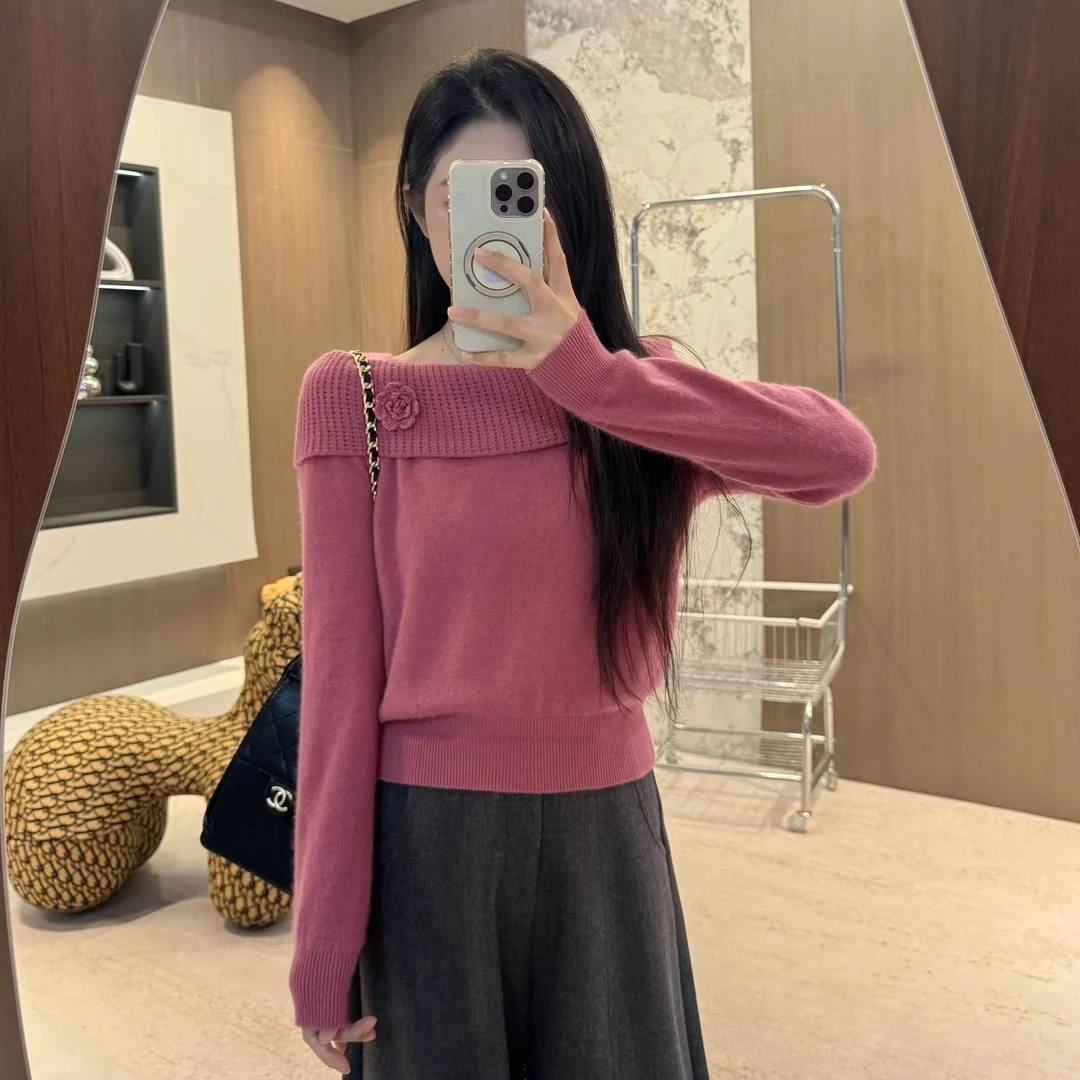 显瘦时尚百搭大翻领拼接一字肩小花刺绣针织衫韩版套头毛衣H9-56