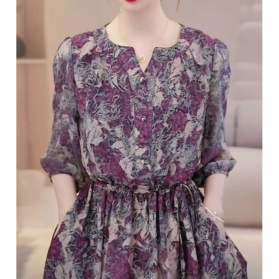 高端气质印花连衣裙2025夏季新款轻奢高级感长裙8758