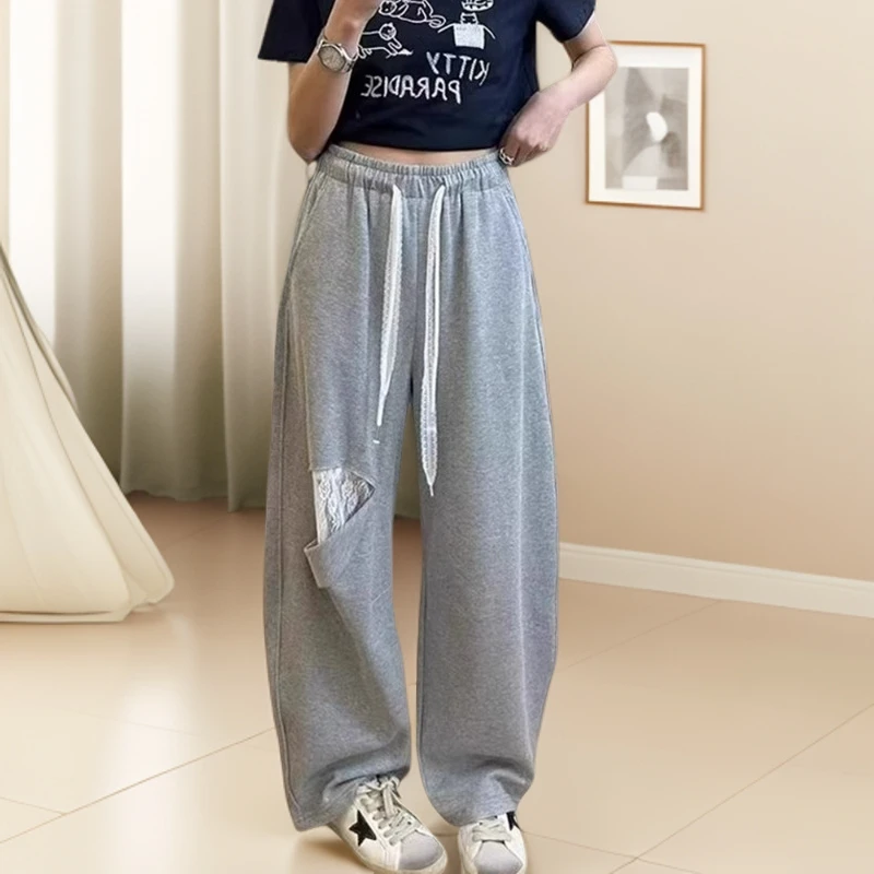 破洞蕾丝休闲裤女款2025新款松弛感高腰小个子夏季薄款垂感阔腿裤