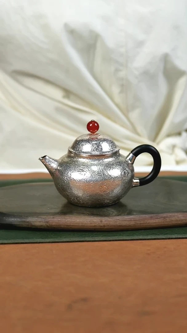 手作檀木999小雏菊花纹款家用泡茶文旦银壶