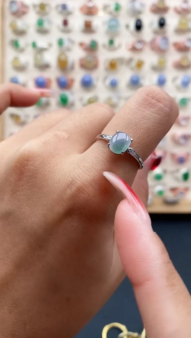 【闪购商品】翡翠戒指银S925镶嵌缅甸天然A货翡翠111 1+6