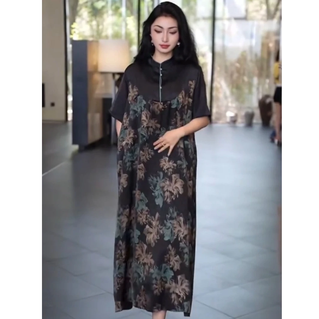 25033 中式复古优雅大方花卉设计立领盘口连衣裙