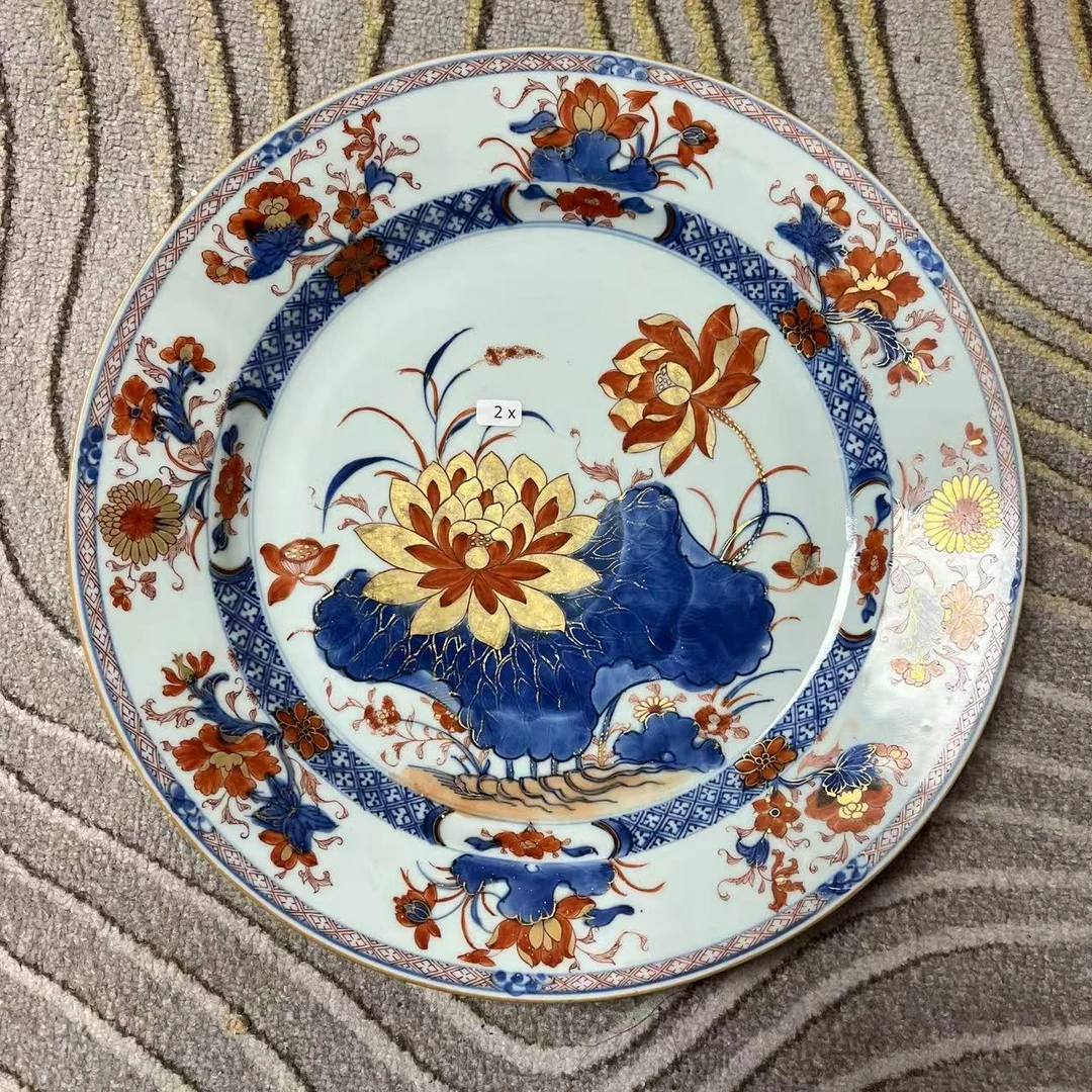 G143清康熙青花矾红描金花卉纹赏盘