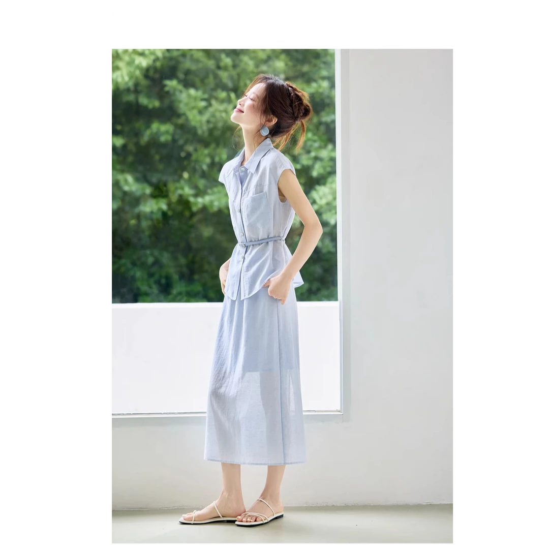 【纪朵研】0999飘逸两件套2025夏季气质百搭显瘦无袖衬衫半裙套装女