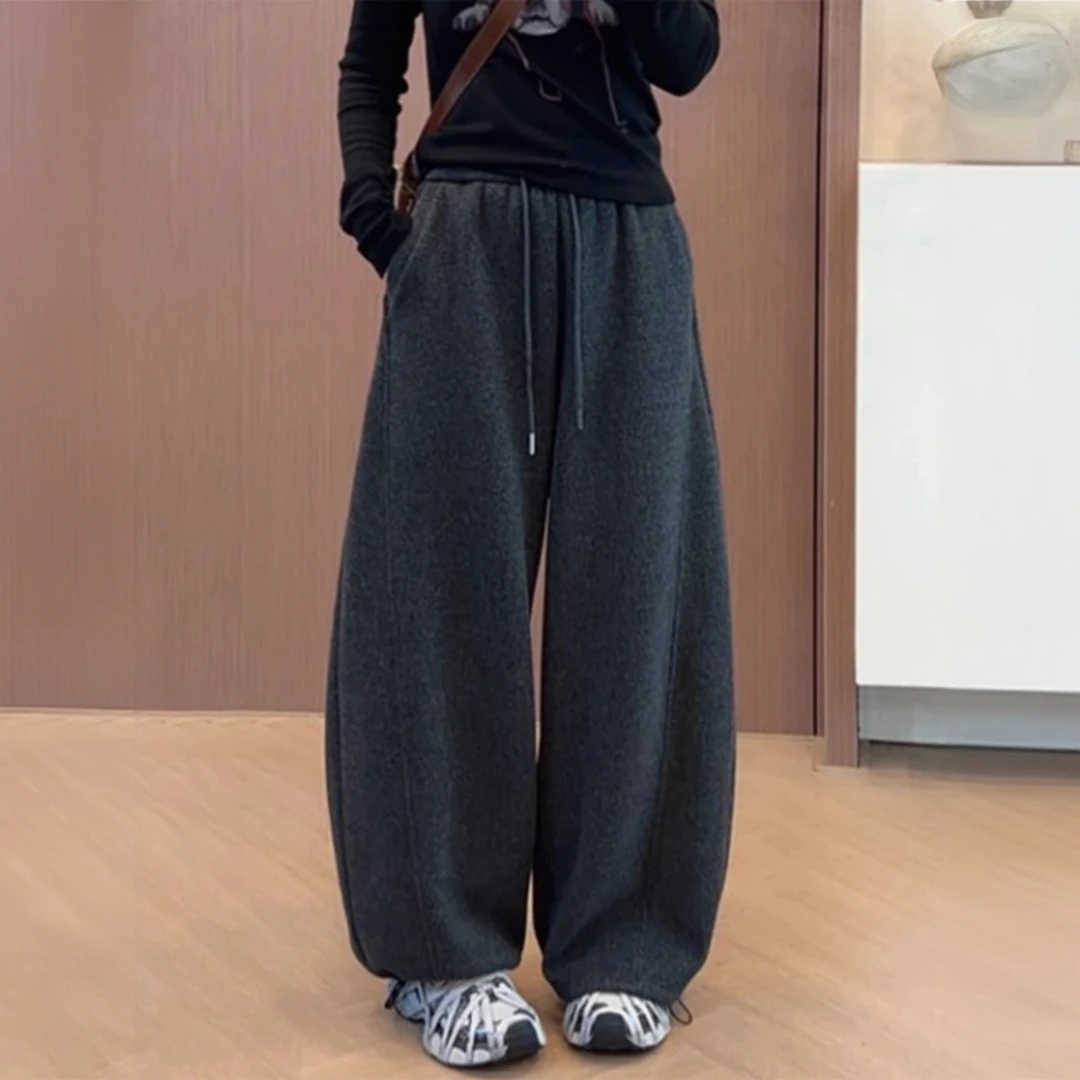 加绒休闲裤加绒加厚新款保暖小弯刀裤羊绒阔腿裤子韩版百搭宽松