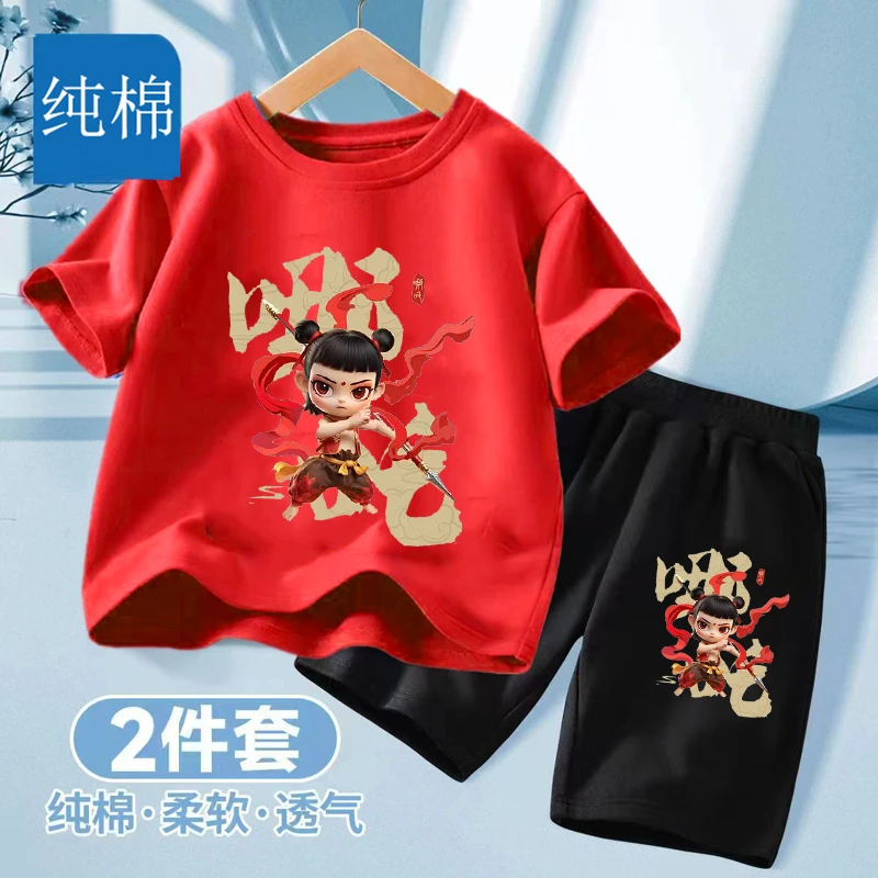 儿童纯棉短袖套装2025夏季新款男童魔童哪吒国潮运动休闲两件套潮
