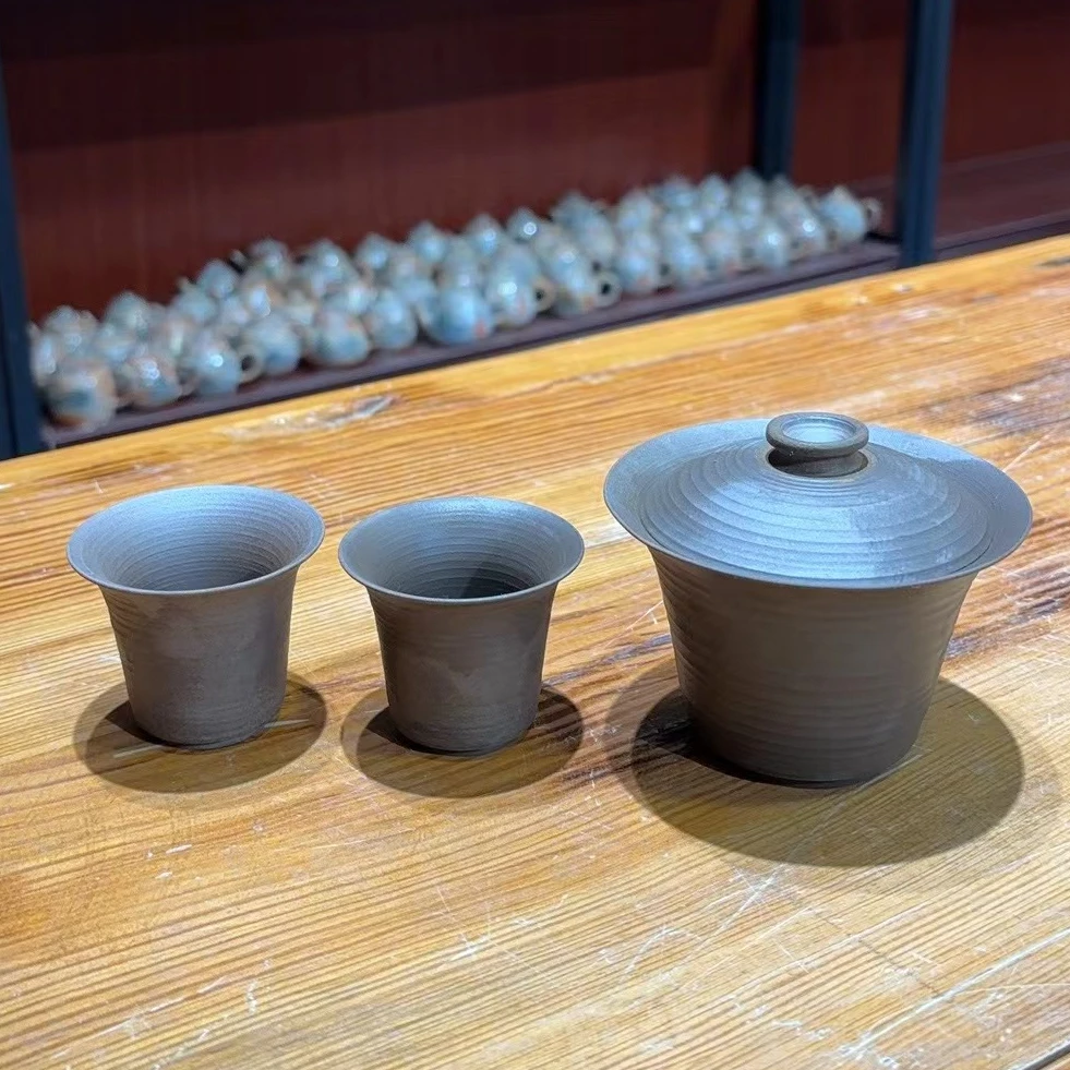 瓷韵优品 复古黑色粗陶盖碗+两杯家用泡茶碗-4866