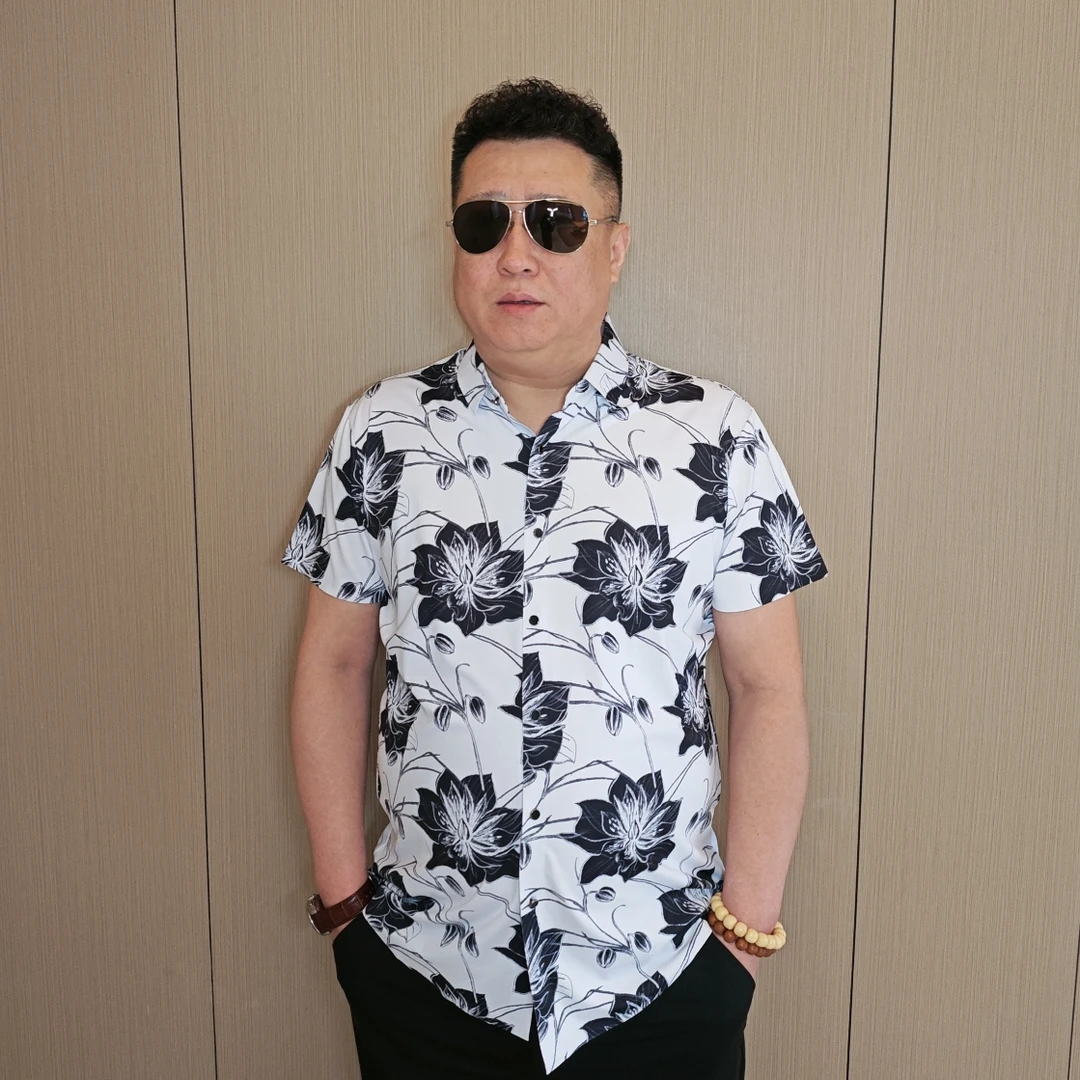 大码男士夏季时尚薄款印花加肥加大翻领满印潮流休闲男短袖衬衫TY