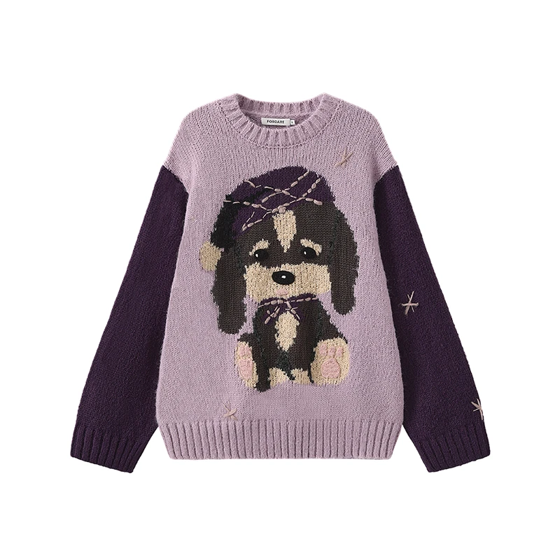 河岸家买手店FORDARE福蝶宽松撞色羊毛嵌花小狗毛衣女25秋冬新款